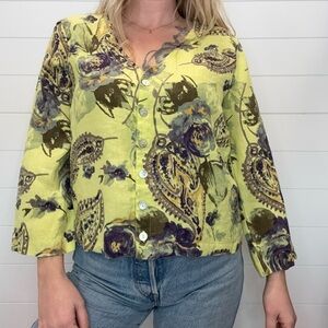 Linen Blend Floral Button-Front Top in Chartreuse